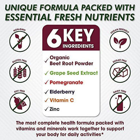 Beet Root Capsules 1500mg - Organic Beet Root Powder + Vitamin C Zinc, Elderberry, Pomegranate, Grape Seed Extract - Nitric Oxide Supplement, Supports for Healthy Circulation* -Vegan - 3 Months Supply