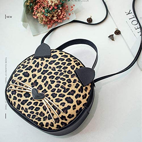 Cute Cat Purse Leopard Crossbody Bag Mini Shoulder Bag Handbags for Kids Women Teens Girls (Brown)