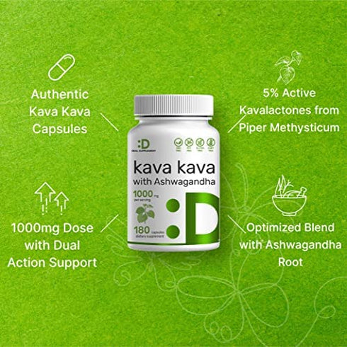 Kava Kava with Ashwagandha, 1000mg Per Serv, 180 Capsules | 5% Active Kavalactones | Ashwagandha Root + Piper Methysticum Extract (Root), 3 Months Supply, Support Relaxation & Positive Mood