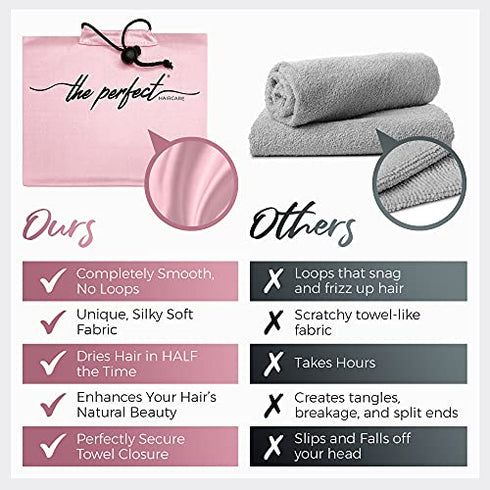 THE PERFECT HAIRCARE Ultra-Fine Microfiber Hair Towel Wrap & Wet/Dry Detangling Hair Brush Anti-Frizz Turban for Curly or Wavy Haired Women Girls & Kids - Quick Drying - Good for Travel (Pink)