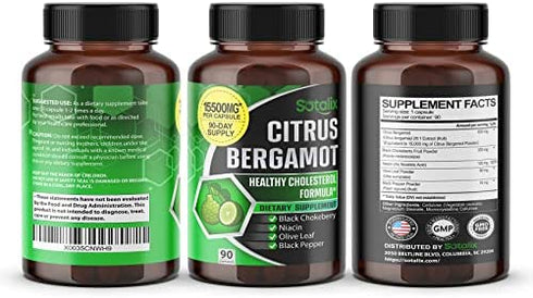 Premium Citrus Bergamot 15500 mg Organic Cholesterol Supplement with Niacin Black Chokeberry Olive Leaf Black Pepper - Heart & Cardiovascular Health Support 90-Day Support (90 Count (Pack 1))