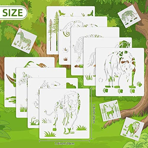 9 Pieces Animal Stencil Templates Reusable Animal Painting Stencil Bear Tiger Elephant Horse Lion Giraffe Zebra Rhino Deer Craft Drawing Template for Greeting Card Scrapbook Wall Art (8 Inch)