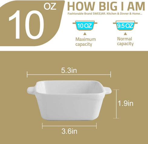 SWEEJAR Ceramic Souffle Dishes,Square Double Handle-Ramekins-Baking, 10 OZ for Creme Brulee, Custard,Dipping - Set of 6 (Multi)