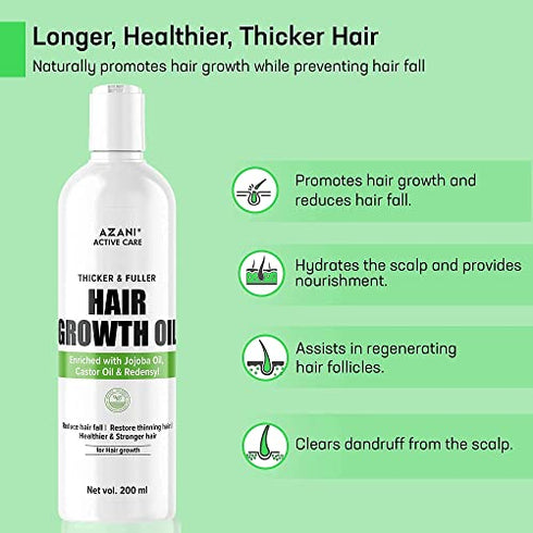 Azani Hair Growth Oil for Thicker, Stronger & Fuller Hair | Jojoba & Castor Oil with Redensyl | Prevents Hair Fall & Hair Thinning - Women & Men, 6.76 Oz | 100% Vegan and Cruelty Free