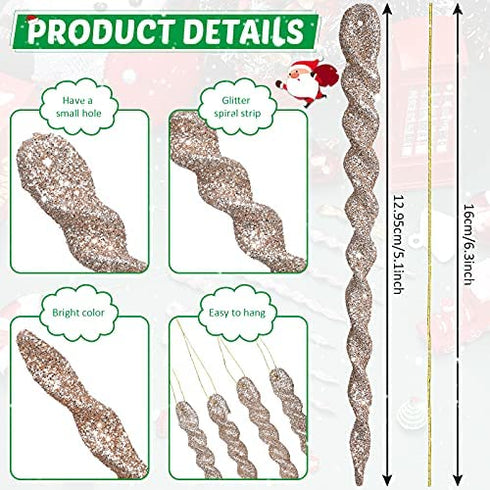 60 Pieces Twisted Icicle Ornament Christmas Tree Glitter Spiral Strip Hangings for Holiday Party Wedding Accessories, 5.1 Inch (Champagne)