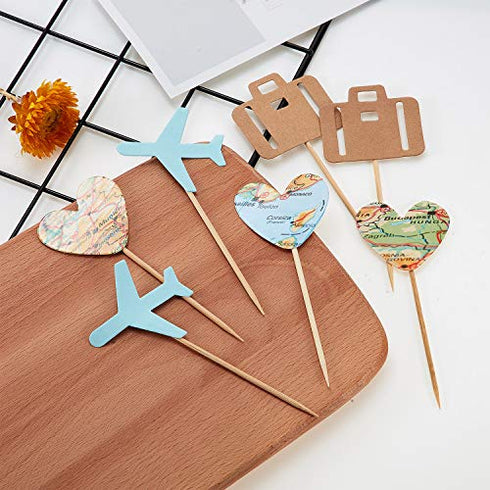 36 Pieces Travel Themed Cupcake Toppers Set, Airplane Cupcake Toppers Map Heart Cake Toppers for Travel Themed Baby Shower Party Decorations (Blue and Brown)