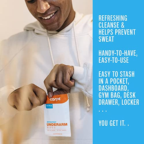 Carpe Antiperspirant Underarm Wipes for Sweat Blocking, Deodorizing, and Cleansing When You’re On the Move - 15 Residue Free, Individually Wrapped Wipes - Clean and Refreshing Scent