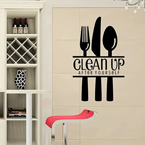 CUGBO Clean UP After Yourself Kitchen Wall Sticker, Fork Knife Spoon Wall Art Decor Mural for Kitchen Dining Room Restaurant Bar Decoration