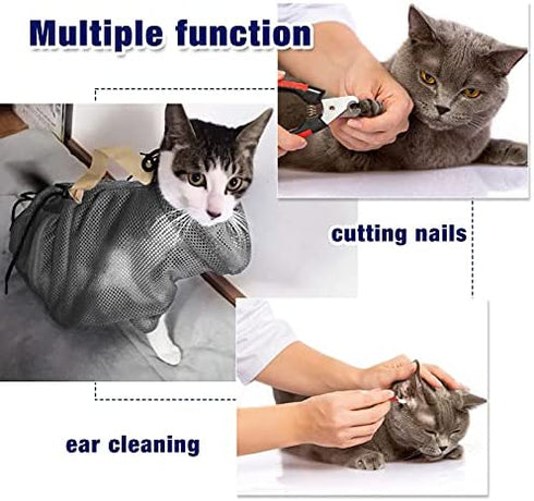 2 Pieces Cat Grooming Washer Mesh Bag Cat Muzzles Breathable Mesh Muzzles Adjustable Kitten Scratch-Resistant Cat Restraint Bag Fixed Bag Cat Bath Bag for Cat Bathing Nail Trimming Feeding (Gray)