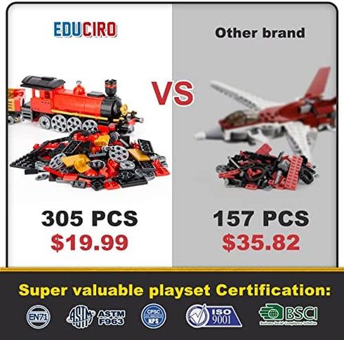 Educiro Train Sets for Boys Age 6-10, 3 in 1 City Building Kit Motorcycle Tractor Creative Educational Birthday Gift, Stem Projects Toys for Kids 6 7 8 9 10 Year Old, 305 Pieces