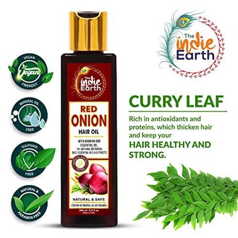 THE INDIE EARTH RED ONION ANTI HAIR LOSS & HAIR GROWTH OIL WITH PURE ARGAN, JOJOBA, ROSEMARY, BLACK SEED OIL IN PUREST FORM VERY EFFECTIVELY CONTROL HAIR LOSS, PROMOTES HAIR GROWTH 200ml