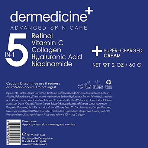 5 in 1 Retinol, Vitamin C, Collagen, Hyaluronic Acid and Niacinamide | Potent Face Cream which May Help Improve Appearance of Fine Lines and Wrinkles and Reduce Appearance of Dark Spots | 2 oz / 60ml