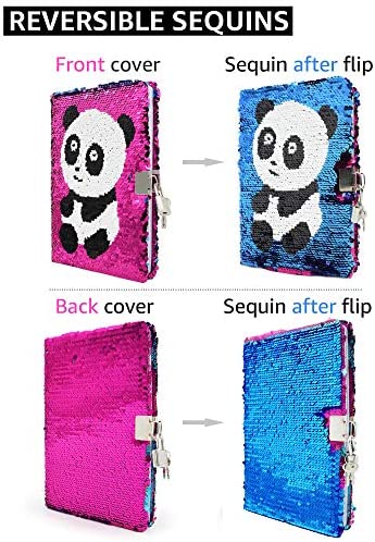VIPbuy Magic Reversible Sequin Notebook Diary Lined Travel Journal with Lock and Key for Kids Girls, Size A5 (8.5” x 5.5”), 78 Sheets, Panda (Rose Red to Blue)