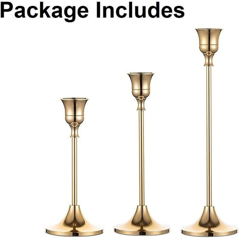 Romadedi Candlestick Holder Gold Candle Holder Brass Set of 3 Decorative Candle Holder for Taper Candle for Fireplace Mantel Dinning Table Home Wedding Decorations Gold 1 Set
