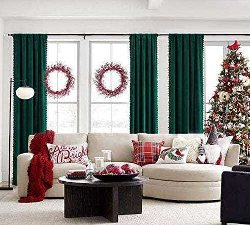 Pompom Green Full Blackout Curtains for Bedroom Living Room 63 inch Thermal Insulated Window Curtain Panels for Chrismas Décor 50" w x2 Panels Rod Pocket