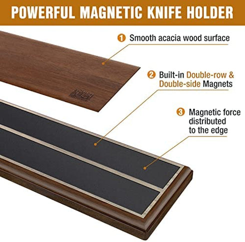 Magnetic Knife Holder for Wall 16 Inch, HOSHANHO Powerful Magnetic Knife Strip, Acacia Wood Magnet Knife Rack for Kitchen Knives & Tools