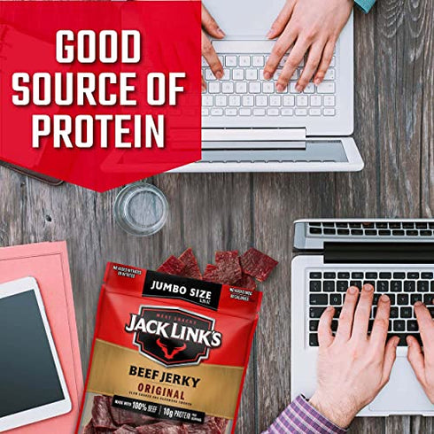 Jack Link's Beef Jerky, Original, 5.85 oz. Sharing Size Bag - Meat Snack, 11g of Protein, 80 Calories, Made with 100% Beef - 96% Fat Free, No Added MSG or Nitrates/Nitrites (Packaging May Vary)