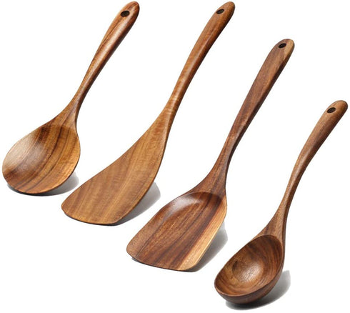 5 Pcs Luxury Wooden Kitchen Utensils Spoons Non Stick Spatula Cooking Utensils Set-Best Wood Spatula Paddle, Slotted Spatula, Angled Turner Spatula, Serving Cooking Spoon & Mixing Spoon Utensil