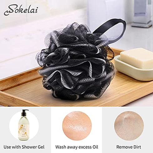 Shower Loofah Sponge Bath puff Large 75g XL for Women Men Kids Soft Mesh Pouf Body Scrubber Gentle Exfoliating shower Ball Buff Luffa with Bamboo Charcoal for Silky and Smooth Skin Cleansing 3pack