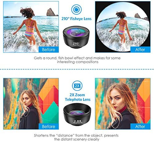Criacr Phone Camera Lens, 210 °Fisheye Lens + 120 °Wide Angle + 25X Macro + 2X Telephoto + Star Lens + CPL + 6 Kaleidoscope 7 in 1 Phone Lens Kit Compatible with iPhone/Samsung/Google Pixel etc