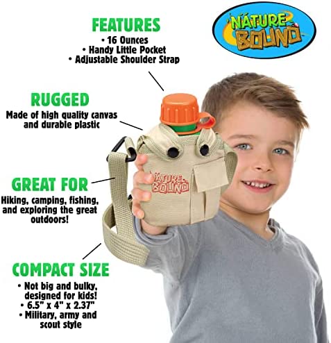 Nature Bound Water Hydration Canteen for Little Kids with Handy Pocket, Adjustable Strap, Snap On Canvas Cover, 16 Ounce Capacity, and Screw-On Lid (for Little Boys and Girls Age 3 and Up)