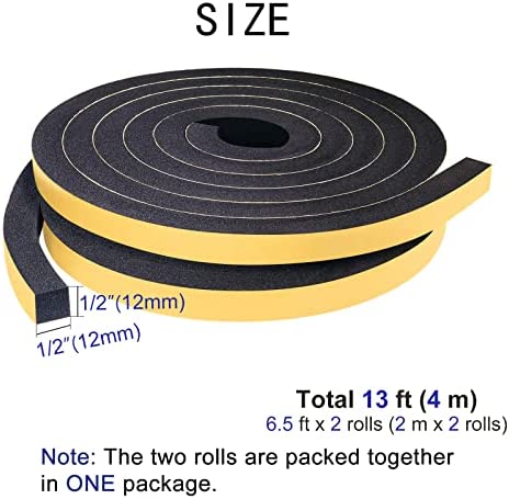 yotache Self Adhesive Foam Gasket Tape 2 Rolls 1/2" W X 1/2" T for Doors Soundproofing Weather Seal Strip Insulation, 13 Ft Length (2 X 6.5 Ft Each)