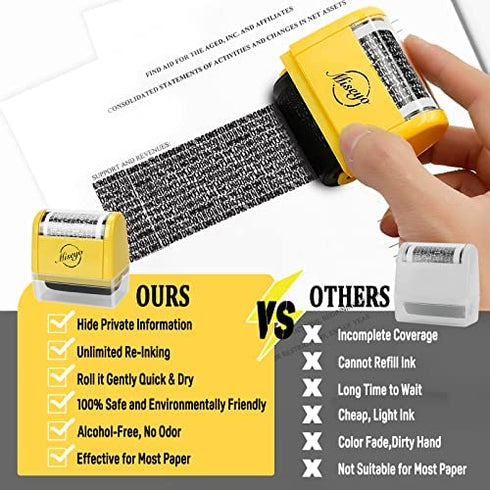 Miseyo Wide Identity Theft Protection Roller Stamp Set - Yellow (3 Refill Ink Included)