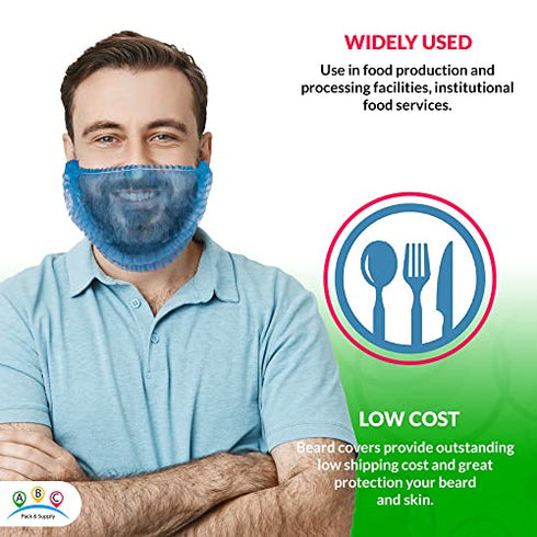 ABC Blue Polypropylene Beard Covers 18 Inch, Pack of 100 PP Disposable Beard Guards, Pleated Industrial Grade Beard Net Protectors, Beard Hair Nets, Facial Lightweight Hair Covering for Food Service