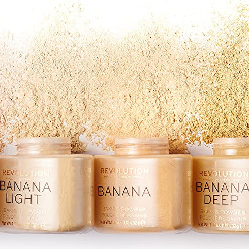 Makeup Revolution Loose Baking Powder, Make Up Setting Powder, Provides Long-lasting Coverage, Reduces Shine, For Medium To Dark Skin Tones, Banana Deep, 32g