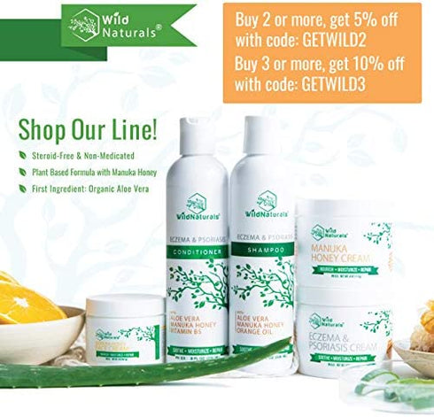 Wild Naturals Eczema Psoriasis Conditioner : 98% Natural, 80% Organic, Sulfate Free, Soothing Anti Dandruff, Flaky, Itchy, Dry Scalp Treatment for Seborrheic Dermatitis, Moisturizing, Unscented 8oz