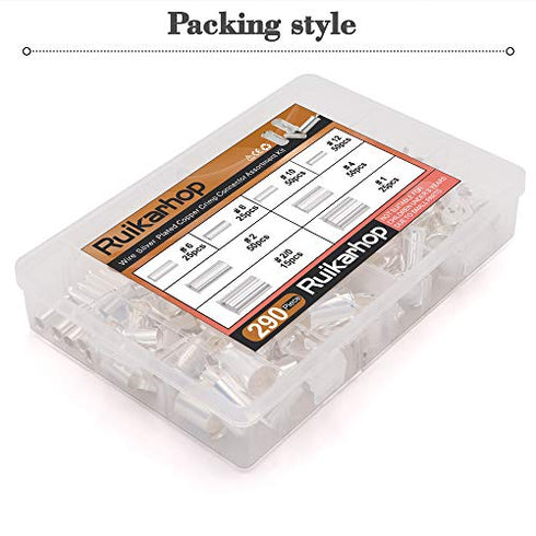 Ruikarhop 290PCS (AWG 12 10 8 6 4 2 1 2/0) 2/0-12 Gauge Wire Ferrules Kits Silver Plated Copper Crimp Connector Non Insulated Ferrules Pin Cord End Terminal