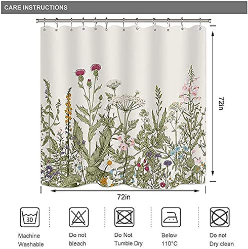 Riyidecor Fabric Wildflower Botanical Shower Curtain for Bathroom Decor 72Wx72H Inch Floral Flower Plant Herbs Green Leaves Decorative Bath Set Bathroom Accessories Polyester Waterproof 12 Pack Hooks