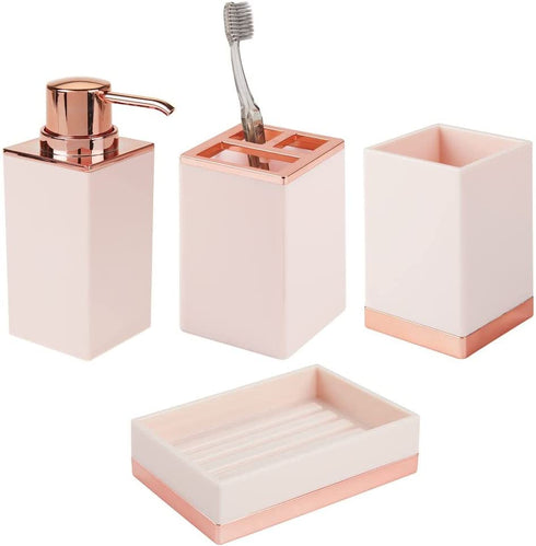 mDesign Square Plastic Bathroom Vanity Countertop Accessory Set - Includes Soap Dispenser Pump, Divided Toothbrush Holder, Tumbler Rinsing Cup, Soap Dish - 4 Pieces - Light Pink/Rose Gold