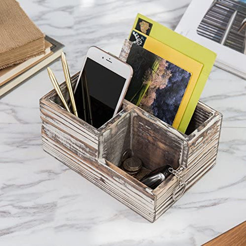 MyGift Rustic Torched Wood Office Desk Stationery Organizer - 3 Compartment Remote Control and Media Storage Holder