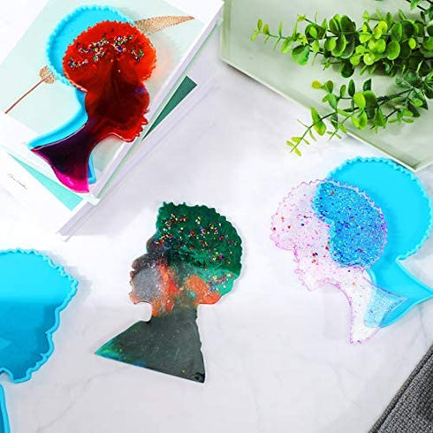 3 Pieces Afro Female Head Silicone Mold Large Beauty Tray Mold African Girl Coaster Resin Mold Women Head Shape Epoxy Mold for Resin Casting DIY Crafts (Blue)