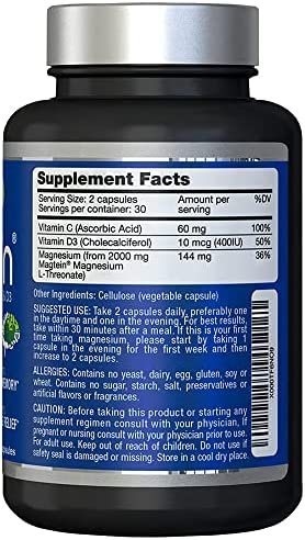 Magtein Magnesium L- Threonate - Bioavailable and 100% Water Soluble Magnesium - Clear Brain Fog, Improve Memory, Focus and Attention, Support Sleep and Mood – 30 Day Supply- 60 ct. Veggie Capsules