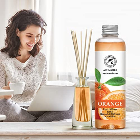 Orange Reed Diffuser Refill 6.8 Fl Oz - Room Fragrance Diffuser w/ Natural Essential Orange Oil - Best for Aromatherapy - Reed Diffuser Oil Refill Orange - Home - Office - Restaurant - Boutique
