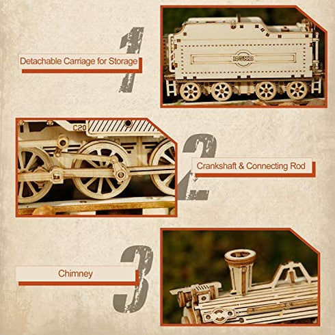 ROKR Model Car Kits Wooden 3D Puzzles Model Building Kits for Adults to Build - Educational Brain Teaser Assembly Model, for Teens & Kids Ages 8-10 (Prime Steam Express/12.1 * 2.7 * 3.3)