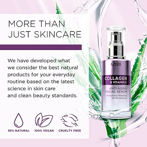 AZURE Collagen & Vitamin E Anti Aging Facial Serum - Restoring, Smoothing & Hydrating Face Serum - Reduces Fine Lines & Wrinkles, Repairs Dry, Tired & Dehydrated Skin - Skin Care Made in Korea - 50mL / 1.69 fl.oz.