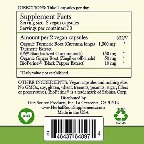 Herbal Roots Turmeric Curcumin Capsules - Extra Strength 1300mg- Made with Organic Turmeric Root - Joint Support - 95% Curcuminoids- Best Absorption with Black Pepper & Ginger - Made in The USA