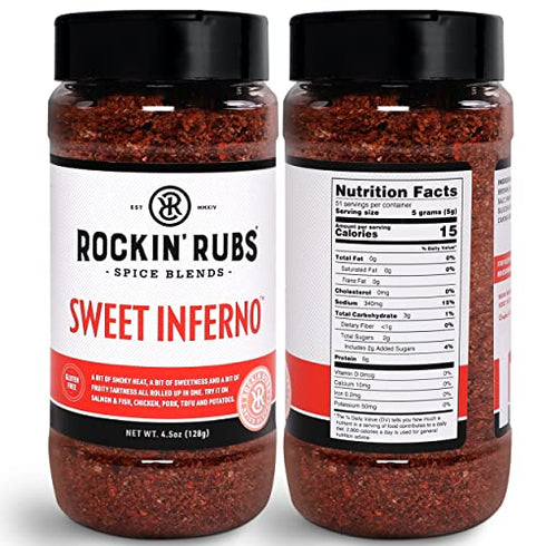 Sweet Inferno Seasoning and Rub | Smoky Sweet Dry Rub Spices for Salmon, Hamburgers, Steak, Chicken, Pork, Brisket, Ribs and Veggies | Rockin' Rubs, 4.5 oz