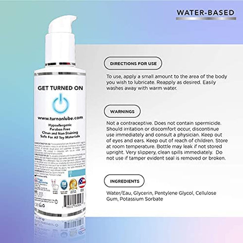 Turn On Water Based Sex Lube 8 Ounce Premium Personal Lubricant, Long Lasting Formula for Condom Safe Vegan Ph Balanced Hypoallergenic and Paraben Free Intimacy, Gel Lube for Men Women & Couples