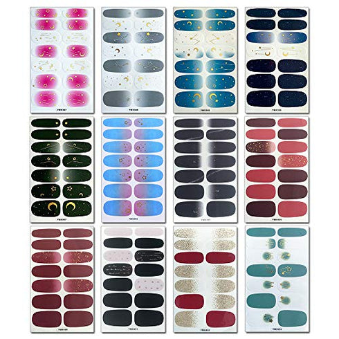 WOKOTO 20 Sheets Full Wraps Nail Art Polish Stickers Strips Set with 1Pc Nail File Glitter Star Adhesive Nail Decals Manicure Tips
