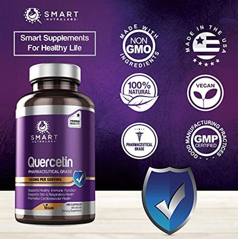 Smart Nutra Labs Quercetin 1000mg- 180 Vegan Capsules, 100 Pure Pharmaceutical Grade Quercetin Supplement- Supports Healthy Immune System, Cardiovascular Health, Anti-Inflammatory & Antioxidant Support, 180 Count (Pack of 1)