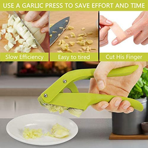 Garlic Press – 2-in-1 Garlic Mincer and Slicer – Large Garlic Presser Crusher with Cleaning Brush and Peeler – Food-Grade ABS and Stainless-Steel Garlic Press with Ergonomic Handle – Easy to use