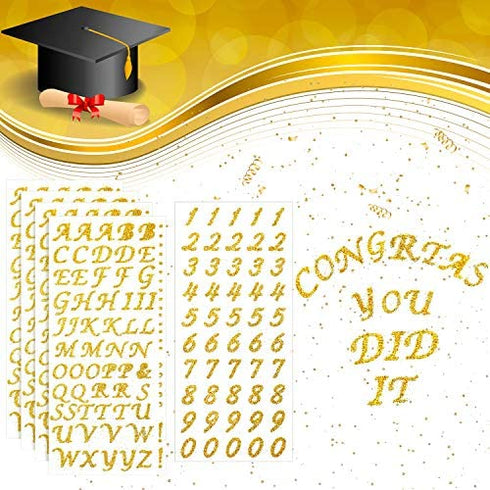 5 Sheets Graduation Cap Stickers Decoration Glitter Alphabet Letter Stickers Self-Adhesive Rhinestone Letter Number Stickers for Grad Cap Craft Decorations (Gold)