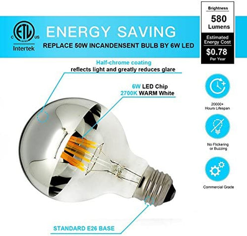 LUXON Half Chrome Light Dimmable,LED Filament Vintage Bulb with Mirror 6W (60W Equivalent) G80/G25 E26 Medium Base Warm White 2700K, 2 Pack