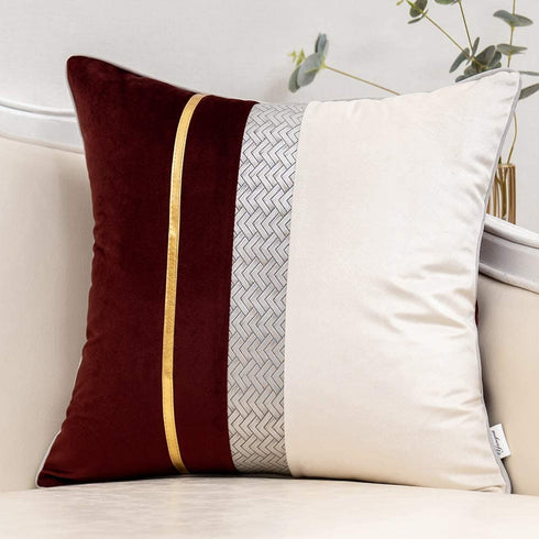 Yangest Wine Red Patchwork Velvet Throw Pillow Cover with Gold Striped Leather Cushion Case Modern Luxury Pillowcase for Sofa Couch Bedroom Living Room Home Decor,20"x20"