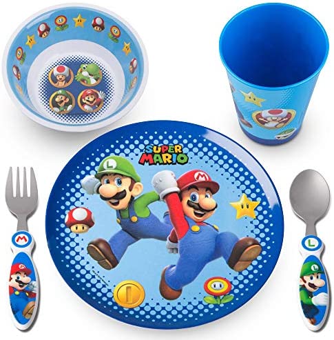 Franco Kids Dinnerware Cartoon Designed Mealtime Kitchen Set, 5 Piece Pack, Super Mario,KZ0068