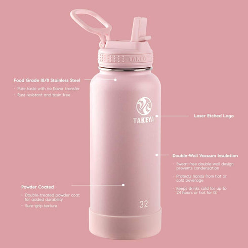 Takeya - 51221 Takeya Actives Insulated Stainless Steel Water Bottle with Straw Lid, 24 oz, Blush